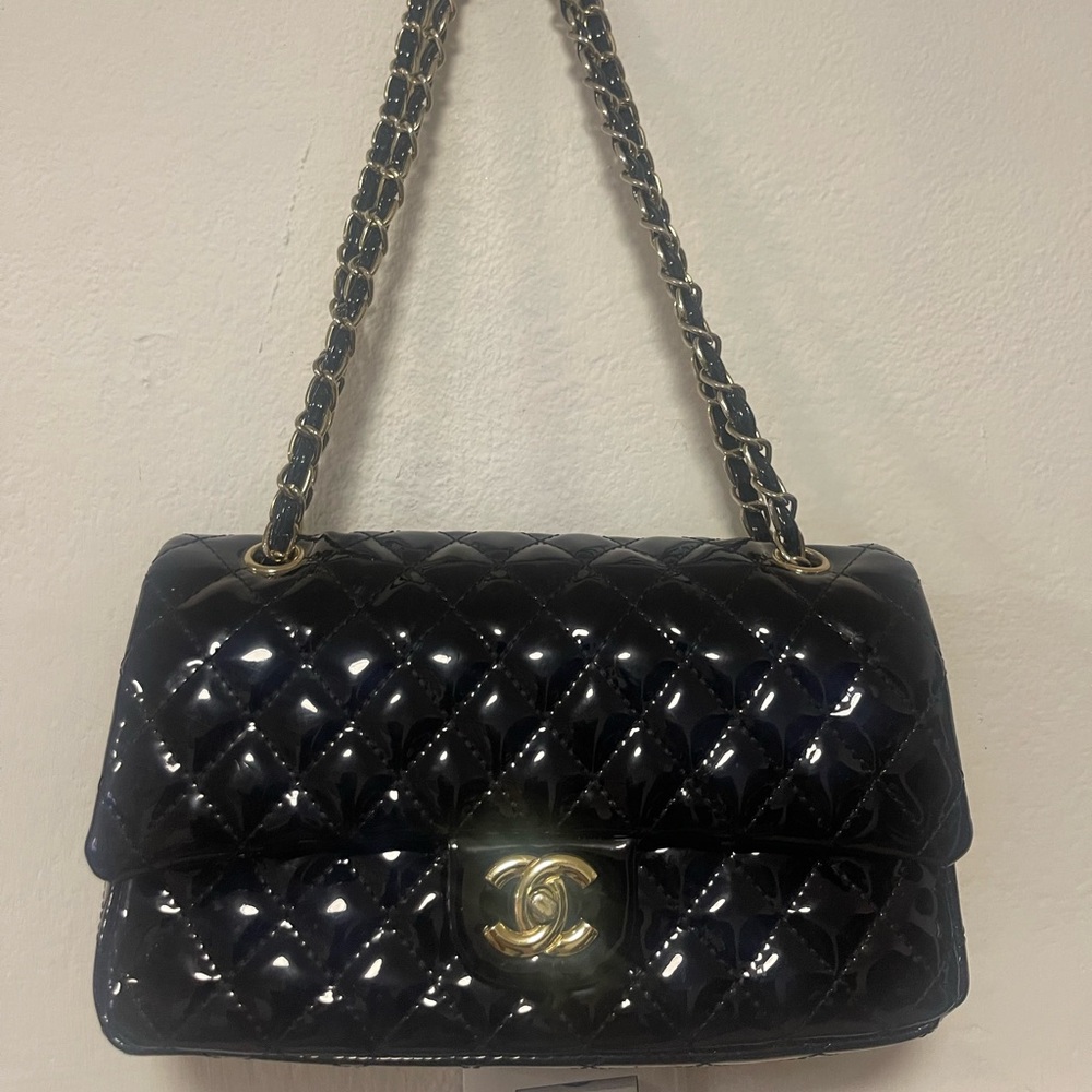 Black Quilted Patent Chain-Handle Shoulder Bag
